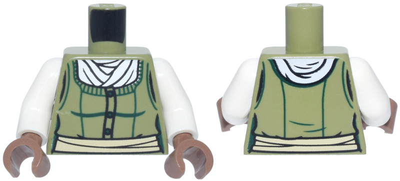 Lego Torso Female Bodice with Dark Green Trim, Buttons and Contours, White Blouse, Tan Sash Pattern / White Arms / Medium Brown Hands