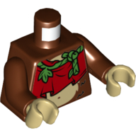 Lego Torso Tunic, Red with Green Vine Strap, Bare Midriff with Monkey Stomach Print, Reddish Brown Arms, Tan Hands / Reddish Brown