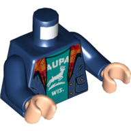 Lego Torso Jacket with Plaid Collar, Dark Turquoise Shirt with White 'AUPA WIS' and Buck Print, Dark Blue Arms, Light Nougat Hands / Dark Blue