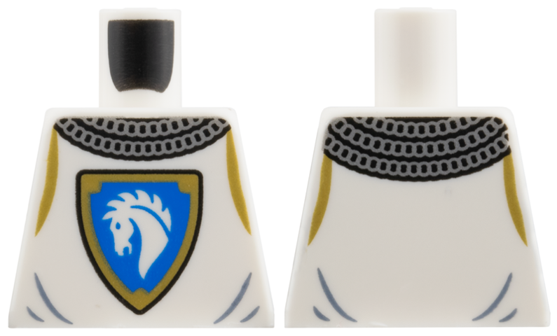 Lego Torso Castle Surcoat, Silver Chain Mail Collar, Blue and Gold Horse Knight Shield Pattern