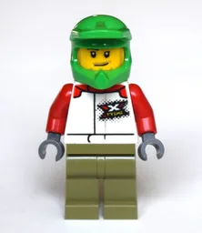 Man, White Racing Jacket, Olive Green Legs, Green Dirt Bike Helmet, Stubble