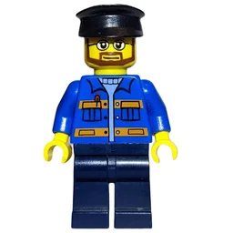 Man, Blue Jacket with Orange Stripes, Dark Blue Legs, Black Hat, Glasses and Beard
