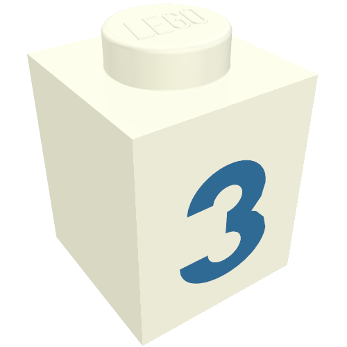 Lego Brick 1 x 1 with Blue '3' Print (Bold Font) / White