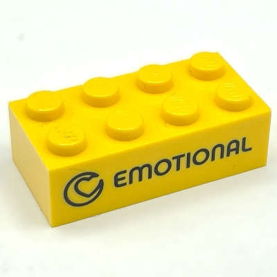 Lego Brick 2 x 4 with 'EMOTIONAL' and Icon / 'EMOTIE' Print / Yellow