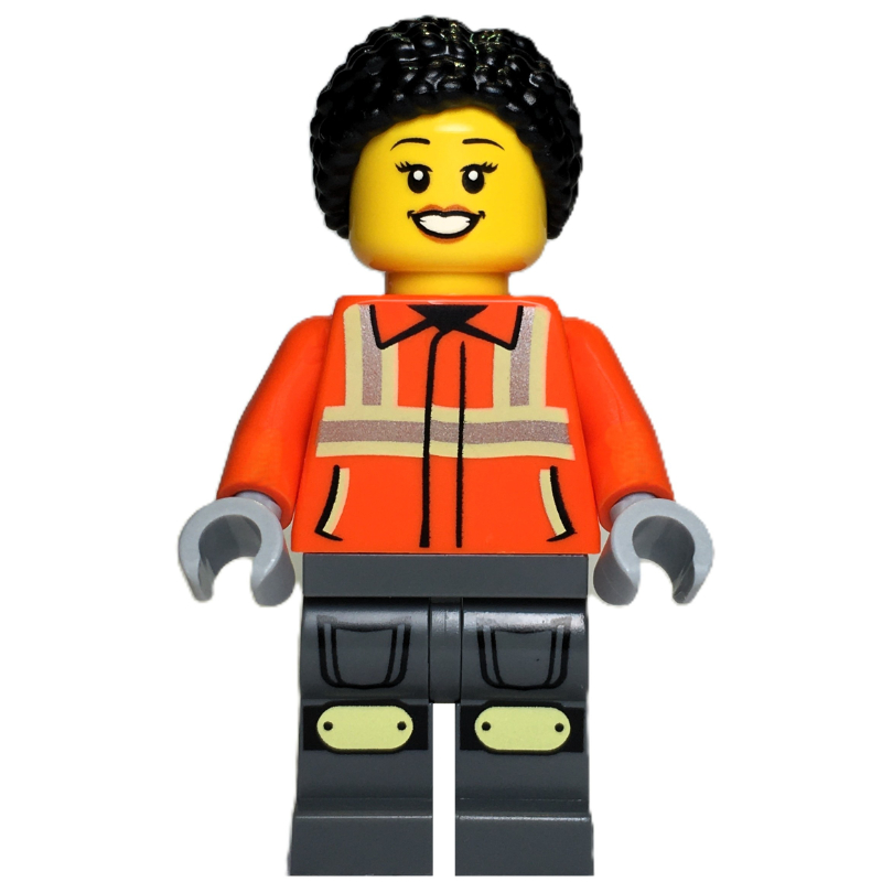 Lego Construction Worker, Orange Safety Jacket, Dark Bluish Grey Legs, Black Hair