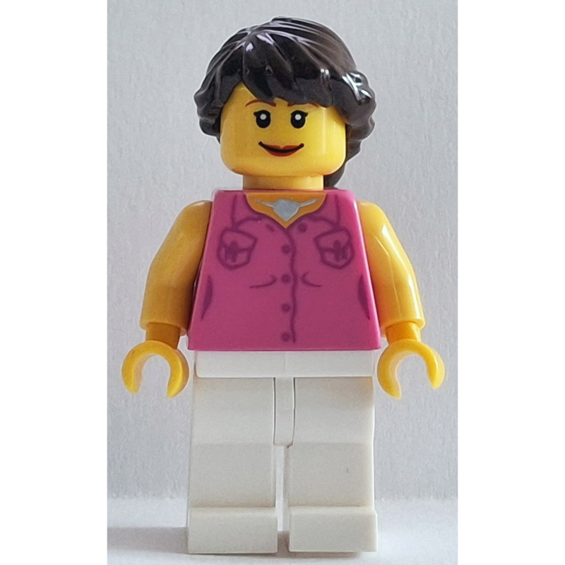Lego Female, Dark Pink Vest and Necklace, White Legs, Dark Brown Hair French Braided