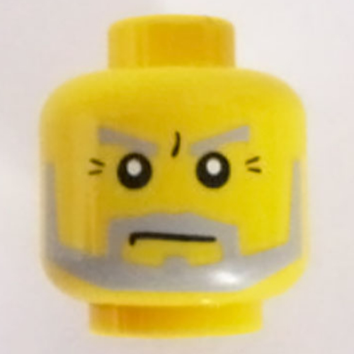 Lego Minifig Head Jayko, Beard Gray with Sideburns, Eyebrows and Crow's Feet Wrinkles Print / Yellow