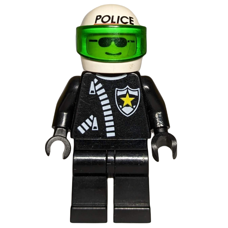 Lego Policeman, Black Jacket with Zipper and Badge, White Helmet with 'POLICE' and Trans-Green Visor, Sunglasses