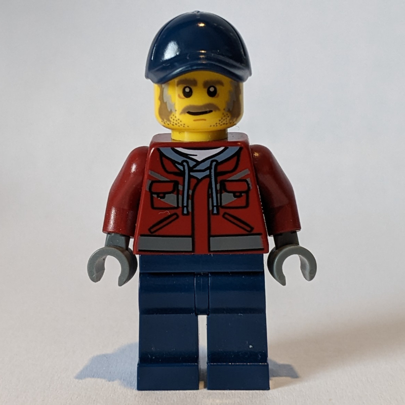 Lego Man, Dark Red Jacket, Dark Blue Legs, Dark Blue Cap, Moustache
