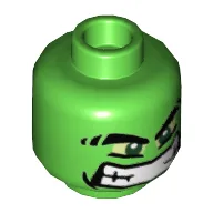 Minifig Head Hulk, Thick Eyebrows, Yellow Eyes and Wide Grin Print / Bright Green