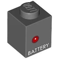 Brick 1 x 1 with 'BATTERY', Red Dot Print / Dark Bluish Gray