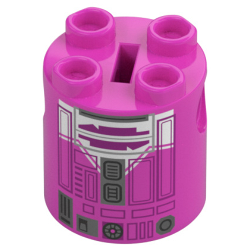 Lego Brick Round 2 x 2 x 2 Robot Body, Axle Holder '+' Orientation with White and Magenta Astromech Droid Print (QT-KT) / Dark Pink