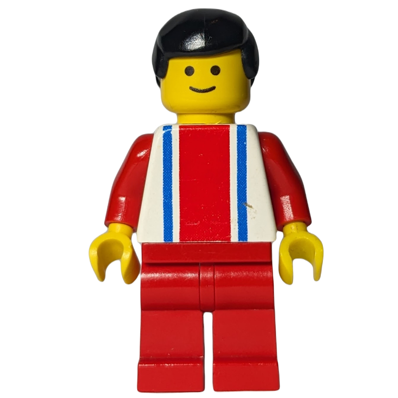 Lego Man, White Top with Large Red Stripe and 2 Blue Stripes, Red Legs, Black Hair