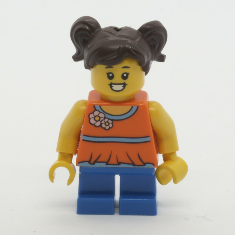 Lego Girl, Orange Top, Short Blue Legs, Brown Hair