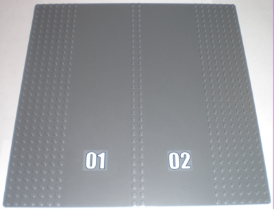 Lego Baseplate, Road 32 x 32 7-Stud Straight with Double Driveway with '01 and '02' Pattern (Stickers) - Set 7744