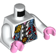 Lego Torso Tunic with Medium Blue Utility Harness with Hot Dogs, Chopsticks, and Gold Pig Badge Print, White Arms, Bright Pink Hands / White