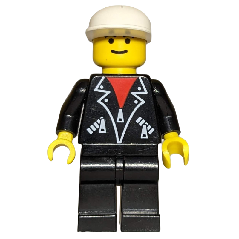 Lego Man, Black Jacket over Red Shirt, Black Legs, White Cap