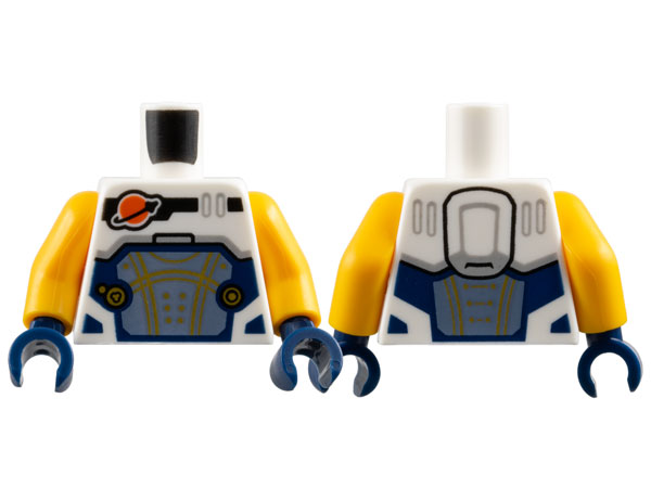 Lego Torso Reddish Orange and Black Classic Space Logo, Sand Blue Panel with Gold Lines, Dark Blue Trim Pattern / Bright Light Orange Arms / Dark Blue Hands