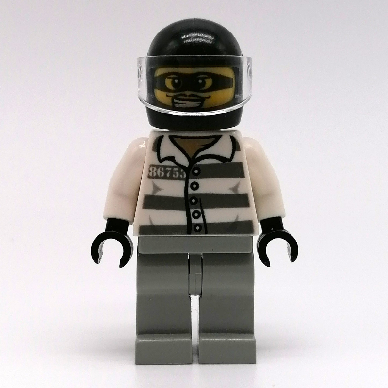 Lego Criminal, Prison Shirt with #86753, Light Bluish Gray Legs, Black Helmet with Visor, Eyemask