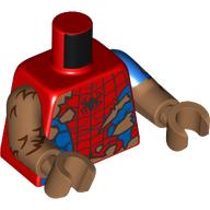 Lego Torso, Dual Molded Arms, Torn Red/Blue Spider Man Suit, Fur print, Left Blue Sleeve Pattern, Medium Nougat Arms and Hands / Red