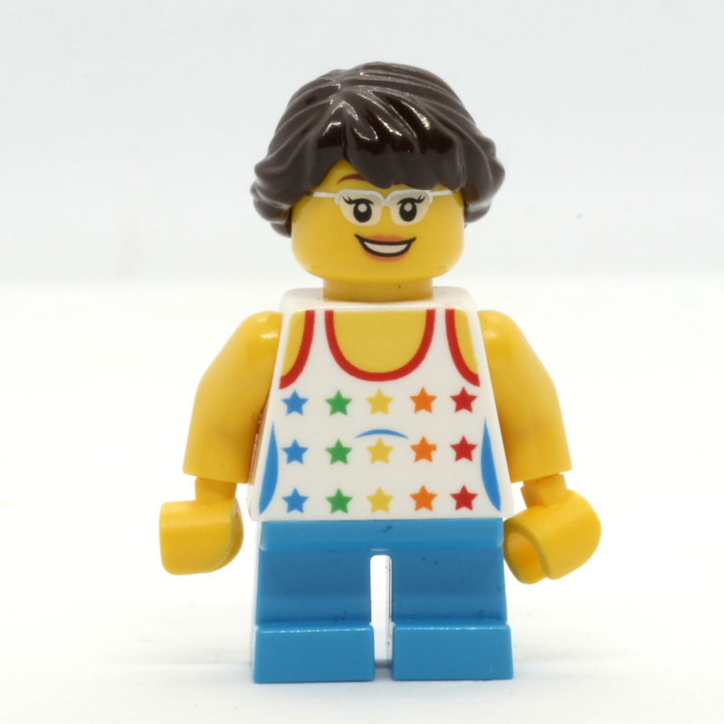 Lego Kid - White Torso, Dark Azure Legs, Dark Brown Hair, High Eyebrows