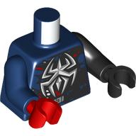 Lego Torso, Odd Arms and Hands, Silver Spider, Red Decorations, Black Venomization, Star on Back print, Left Black Arm and Hand, Right Dark Blue Arm and Red Hand / Dark Blue