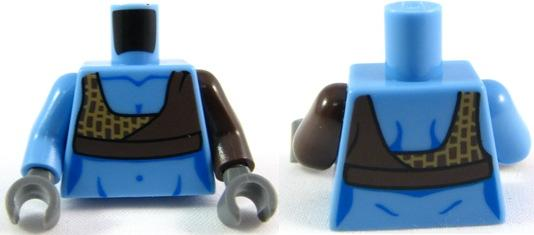 Lego Torso Female SW Wrap Halter Top with Brick Lines, Bare Skin, Thick Muscle Lines, Belly Button Pattern (Aayla Secura) / Dark Brown Arm Left / Medium Blue Arm Right / Dark Bluish Gray Hands