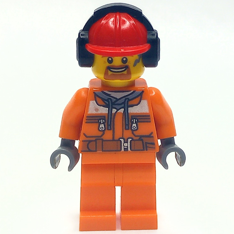 Lego Construction Worker, Safety Jacket over Hoodie with Belt, Orange Legs, Red Hard Hat with Ear Defenders, Goatee Beard