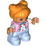 Duplo Figure Child with Two Buns on Top and Long Bangs Orange, Bright Light Blue Legs, White Shirt with Red Spots Print / Bright Pink