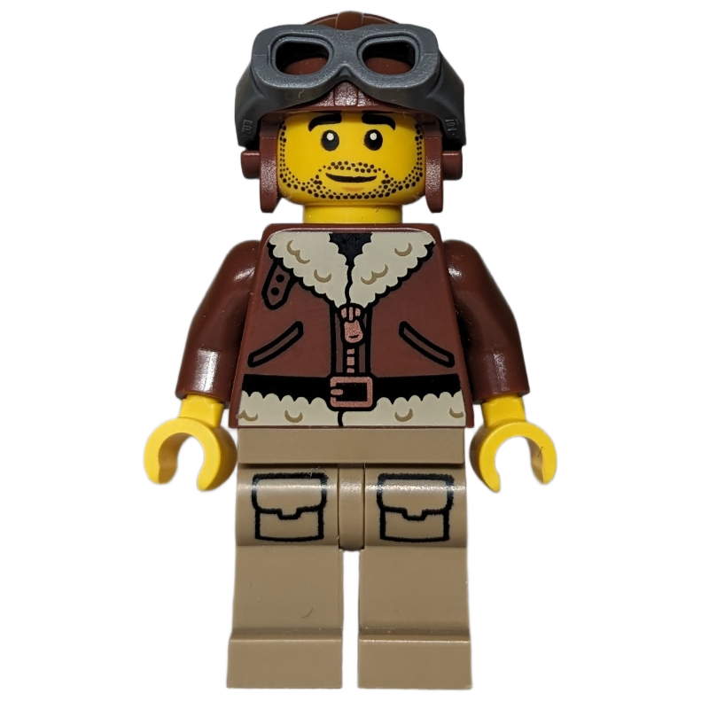 Lego Pilot, Reddish Brown Torso, Dark Tan Legs, Reddish Brown Hat