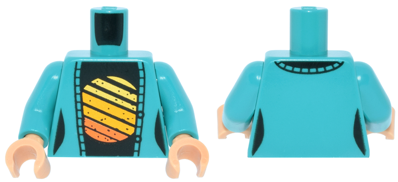 Lego Torso Female Cardigan Sweater Open, Black Shirt with Yellow, Bright Light Orange and Orange Striped Sun Pattern / Dark Turquoise Arms / Medium Tan Hands