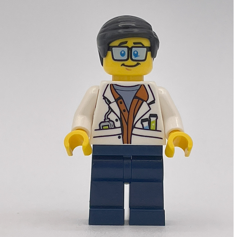 Lego Scientist, Open White Jacket over Dark Orange Shirt, Dark Blue Legs, Neat Black Hair, Glasses