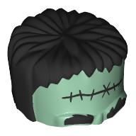 Lego Head Top, Frankenstein Monster with Black Hair, Scar, Eyebrows print / Sand Green
