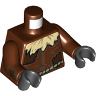 Lego Torso Tunic, Tan Straw at Neck, Dark Brown Patches, Dark Tan Rope Belt Print (Scarecrow), Reddish Brown Arms with Dark Brown Patches, Black Hands / Reddish Brown