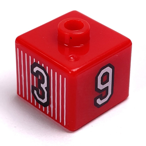 Lego Pen Bead, Square with '3', '9', '4', and '11' Print / Red