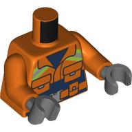 Lego Torso, Jacket, Neon Green/Silver Safety Stripes, Dark Blue Shirt print, Reddish Orange Arms, Dark Bluish Gray Hands / Reddish Orange