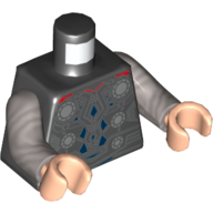 Lego Torso Armor, Small Silver Circles, Dark Blue Trim, Red Cape End Print (Thor), Flat Silver Arms, Light Nougat Hands / Black