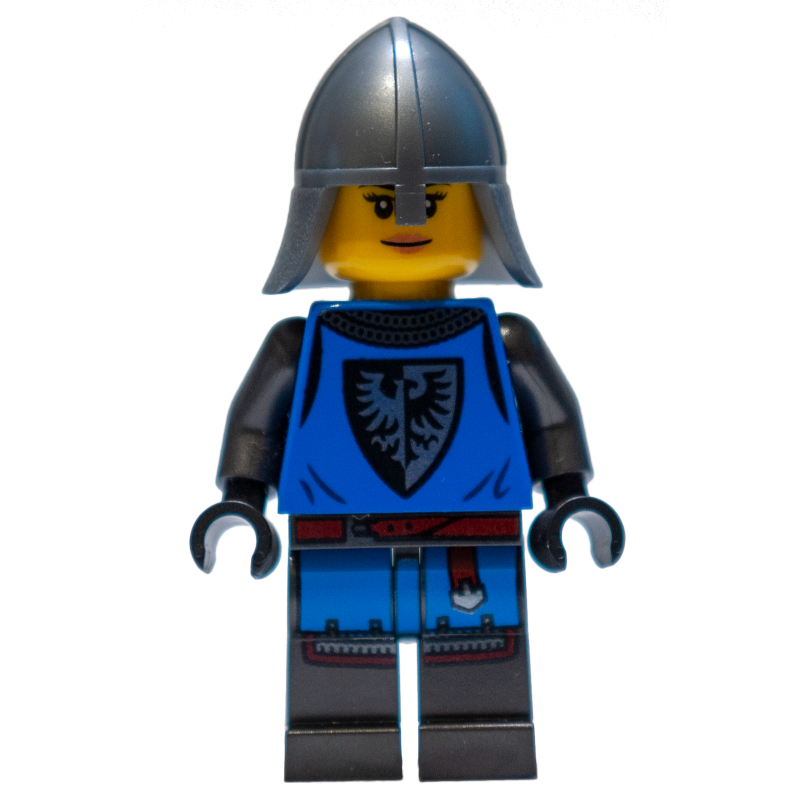 Lego Black Falcon Castle Guard, Female - Blue Torso, Pearl Dark Grey Legs, Flat Silver helmet