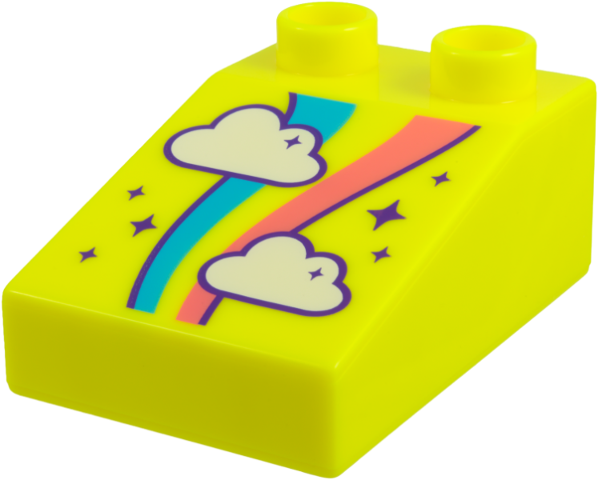 Lego Duplo, Brick 3 x 2 Slope 33 with White Clouds, Dark Azure and Coral Stripes, Dark Purple Sparkles and Outlines Pattern