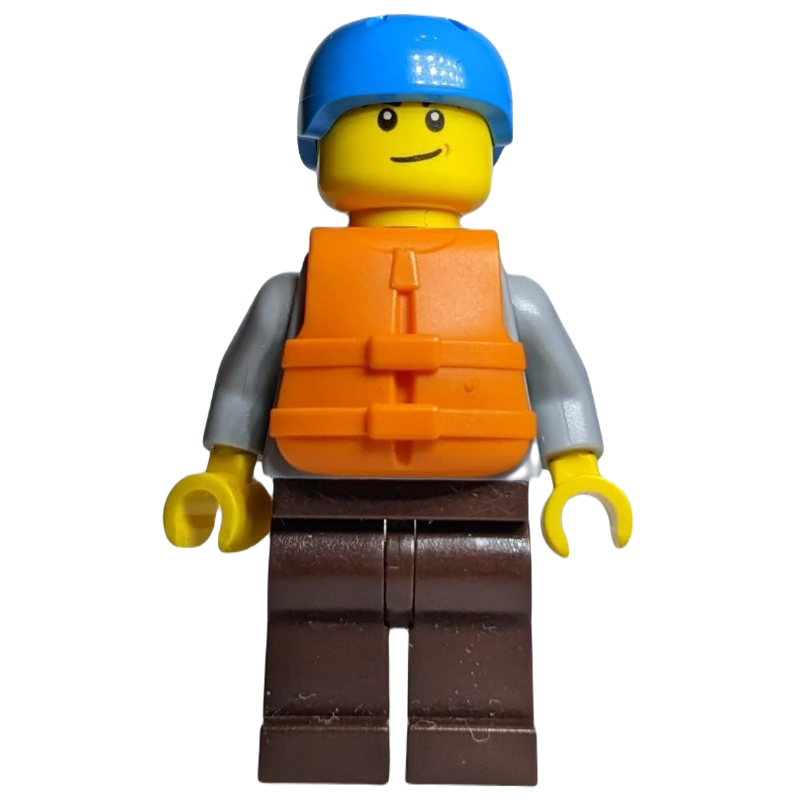 Lego Man, Light Bluish Gray Hoodie over Dark Red Shirt, Dark Brown Legs, Dark Azure Helmet, Orange Life Vest