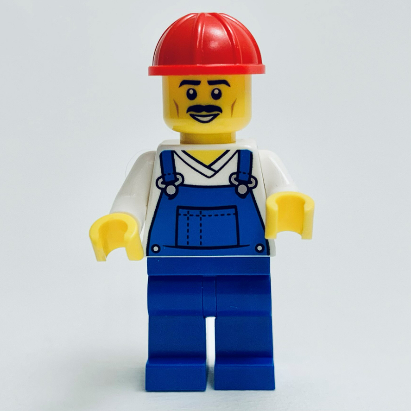 Lego Construction Worker, Blue Overalls, Red Hard Hat, Moustache