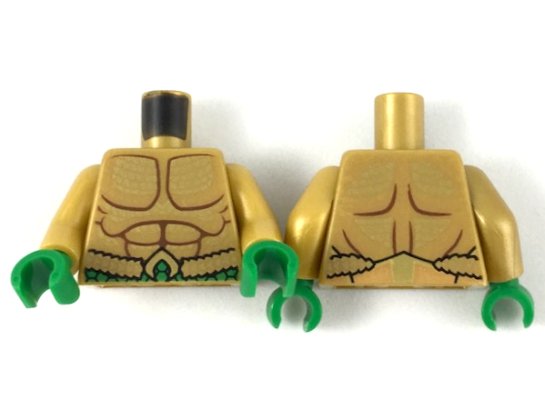 Lego Torso Bare Chest with Muscles Outline, Gold Scales and Green Belt Pattern / Pearl Gold Arms / Green Hands
