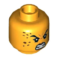 Minifig Head Cheetah, Dual Sided, Reddish Brown Spots, Dark Red Lips, Sharp Teeth, Angry / Smile Print [Hollow Stud] / Bright Light Orange