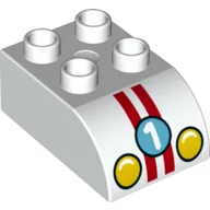 Duplo Brick 2 x 3 with Curved Top with '1', Headlights and 2 Red Stripes Print / White