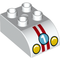 Lego Duplo Brick 2 x 3 with Curved Top with '1', Headlights and 2 Red Stripes Print / White