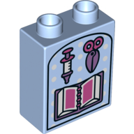 Lego Duplo Brick 1 x 2 x 2 with Bottom Tube and Scissors, Syringe and Book Print / Bright Light Blue