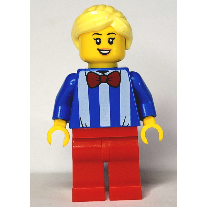 Lego Woman, Blue and White Stripe Shirt with Red Bow Tie, Red Legs, Bright Light Yellow Hair