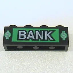 Brick 1 x 4 with 'BANK', Dollar Signs Print / Black