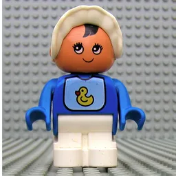 Duplo Figure, Early with Joined Legs, with White Legs, Duck Bib Print, Black Hair, and White Bonnet (Baby) / Blue