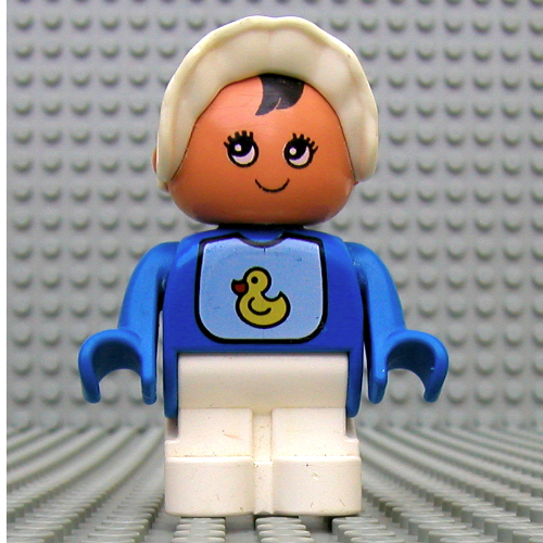 Lego Duplo Figure, Early with Joined Legs, with White Legs, Duck Bib Print, Black Hair, and White Bonnet (Baby) / Blue